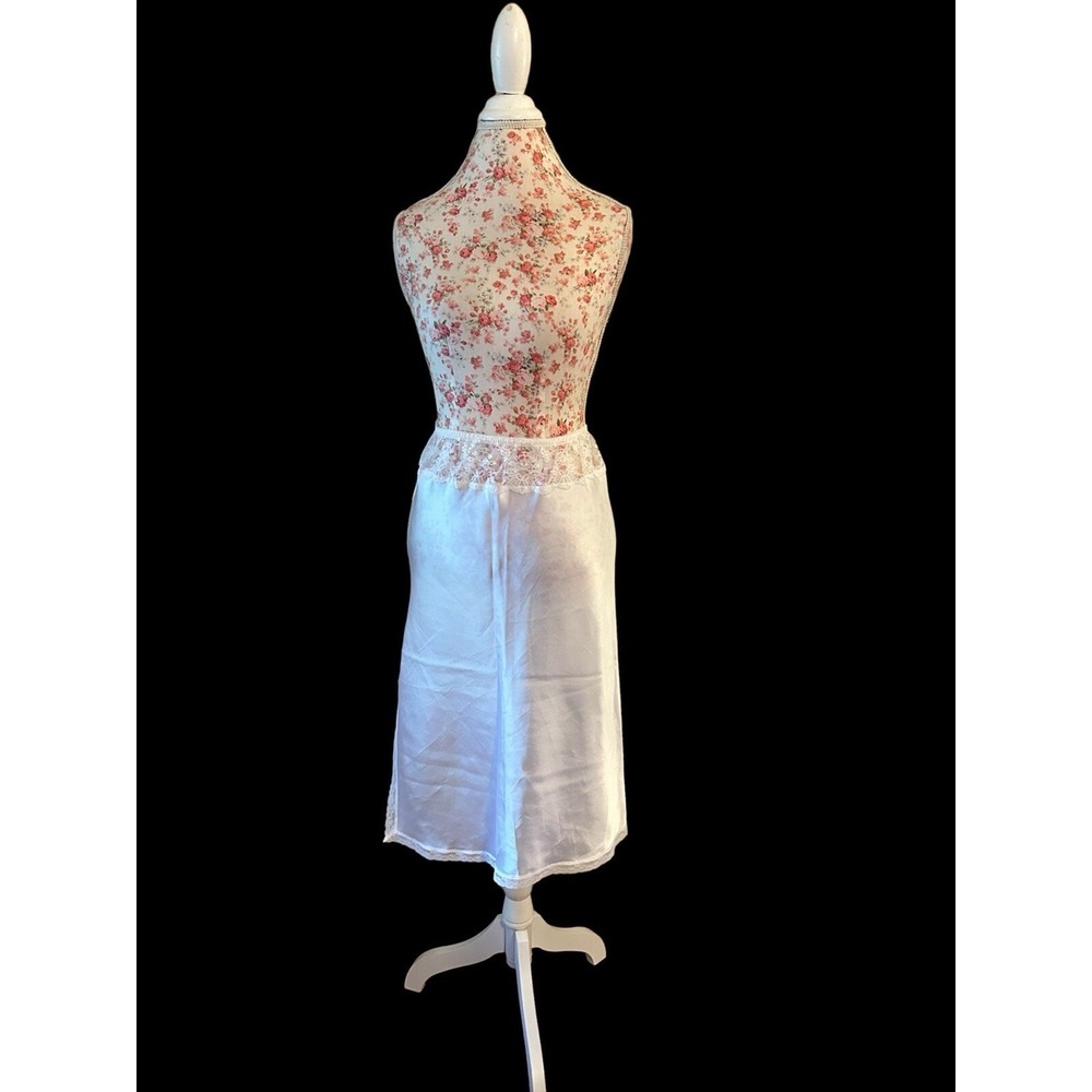 Vintage White Satin Slip Skirt Sheer Floral Lace Waist Sexy Shiny